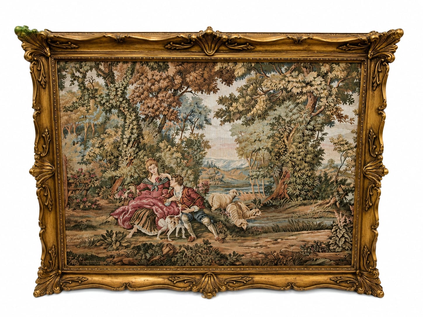 Tapeçaria de cena pastoral numa moldura dourada ornamentada